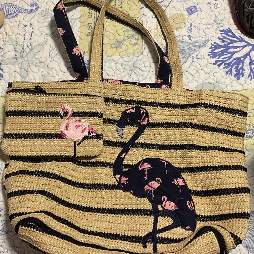 Vera Bradley Flamingo Tote Beach Bag - Large Woven Bag with beach pouch